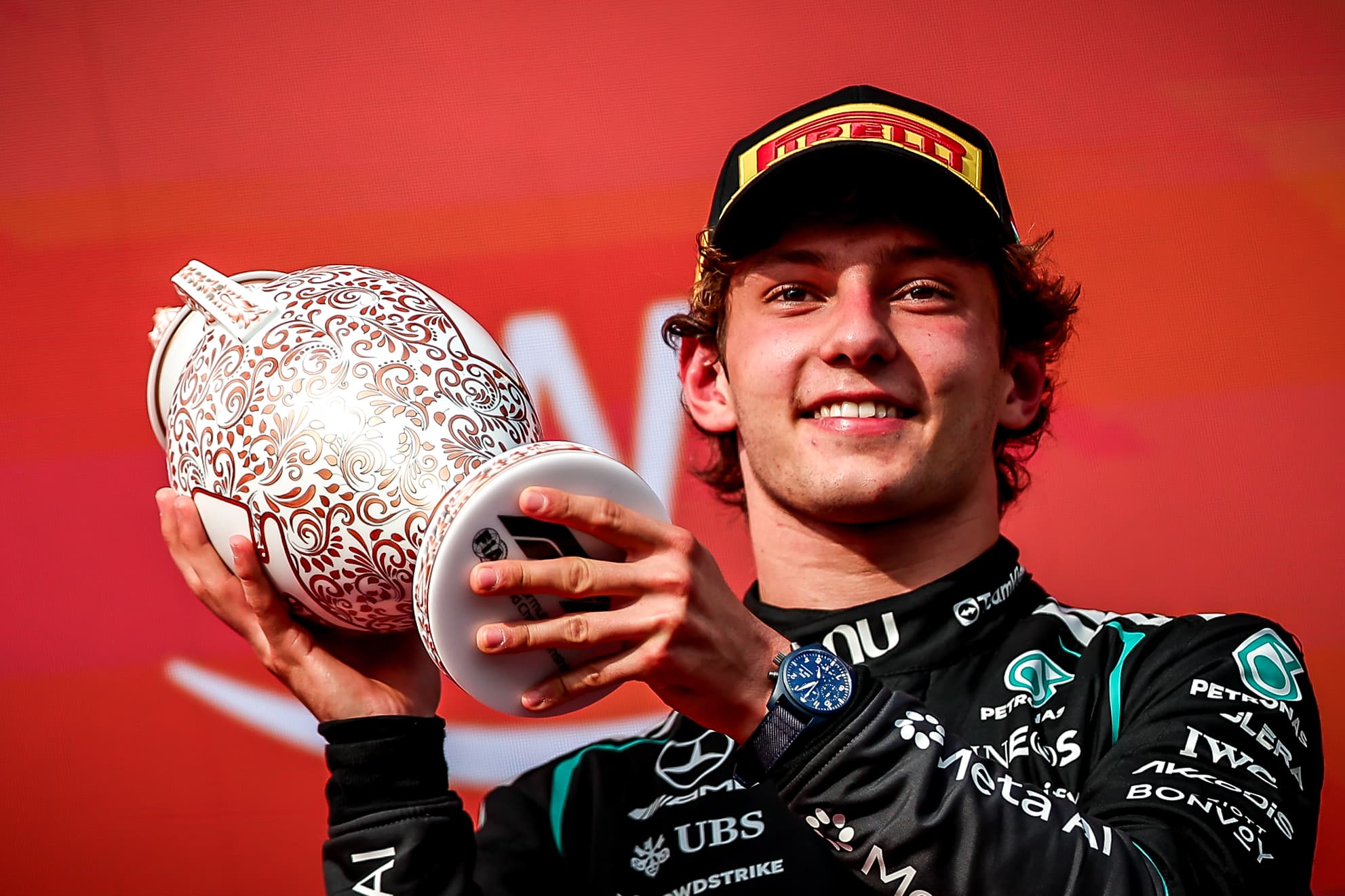 Mogyorod: Mercedes' Andrea Kimi Antonelli of Italy reacts during the awarding ceremony after the Formula One Hungarian Grand Prix at the Hungaroring in Mogyorod, near Budapest, Hungary, July 26, 2026. (Photo: Xinhua via IANS)