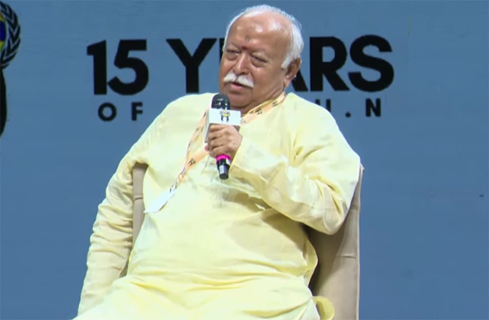 Mumbai: Rashtriya Swayamsevak Sangh (RSS) Sarsanghchalak Mohan Bhagwat speaks during the inaugural session of the India's International Movement to Unite Nations (I.I.M.U.N.) Annual Championship Conference in Mumbai on Thursday, August 6, 2026. (Photo: IANS/Video Grab)