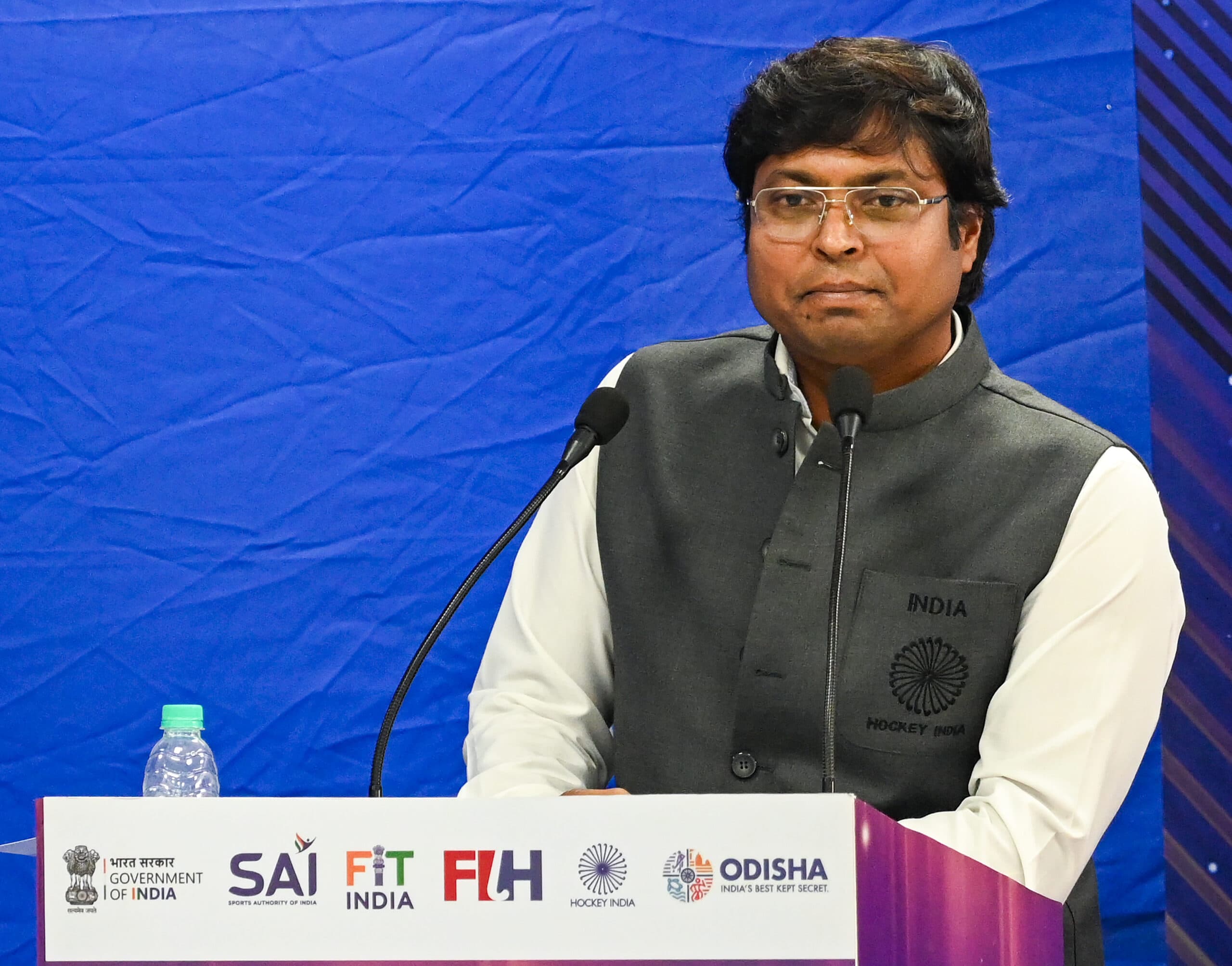New Delhi: Hockey India President Dr. Dilip Tirkey addresses a press conference at Major Dhyan Chand Stadium, in New Delhi on Monday, November 3, 2025. (Photo: IANS/Deepak Kumar)