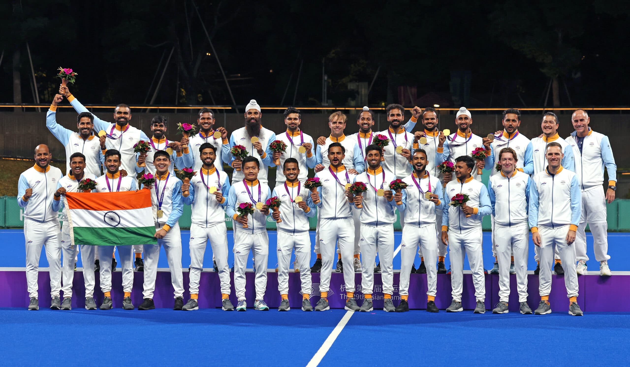 Hangzhou: Indian players celebrate after winning the gold medal in the men's hockey event at the 19th Asian Games, in Hangzhou, China, Friday, Oct. 6, 2023. The Indian team won the final against Japan 5-1 and qualified for the 2024 Paris Olympics.(IANS/Seshadri Sukumar)