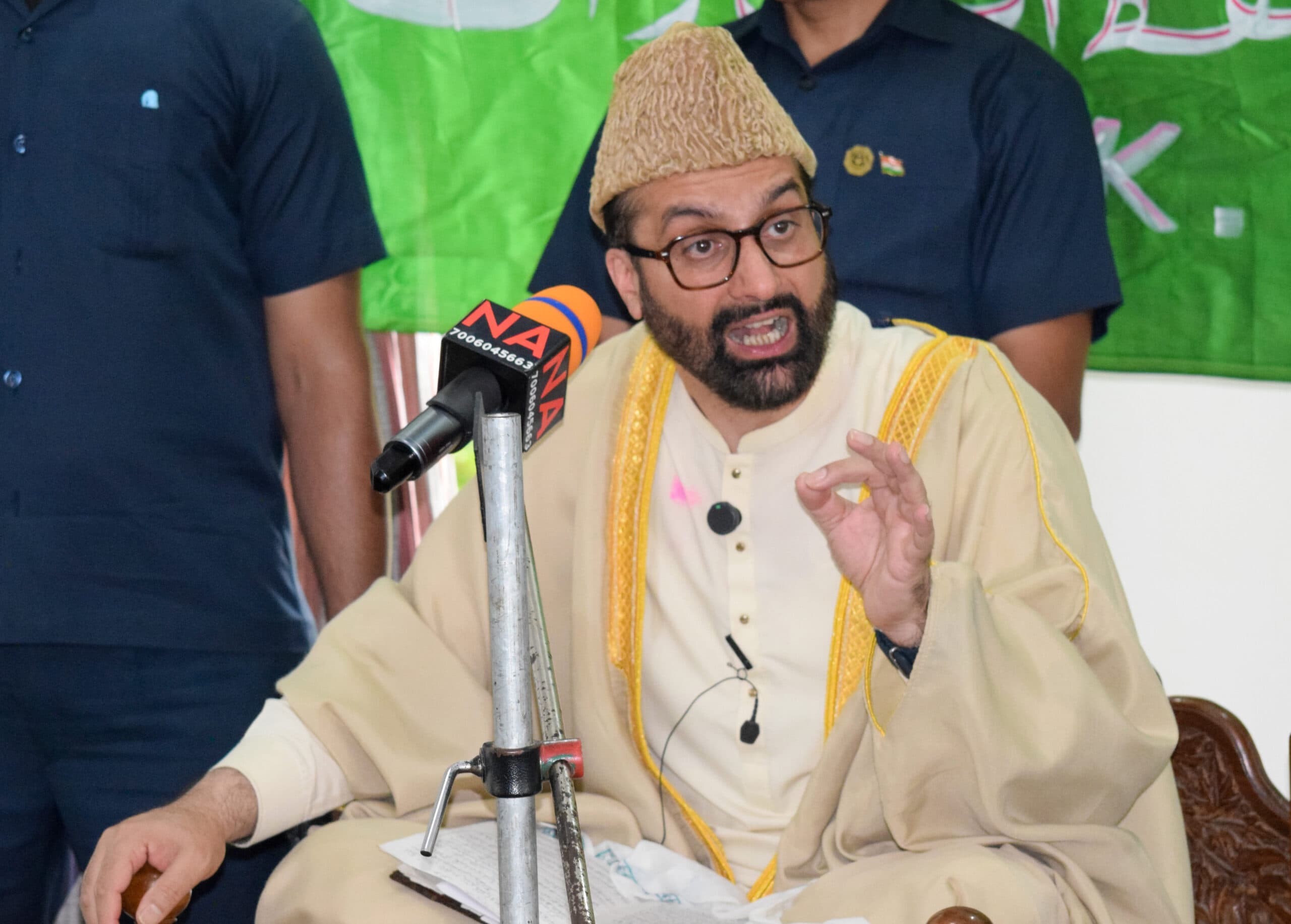 Budgam: Mirwaiz-e-Kashmir Umar Farooq speaks during Friday prayers at Ichgam in Budgam district of Jammu and Kashmir on Friday, June 12, 2026. (Photo: IANS)