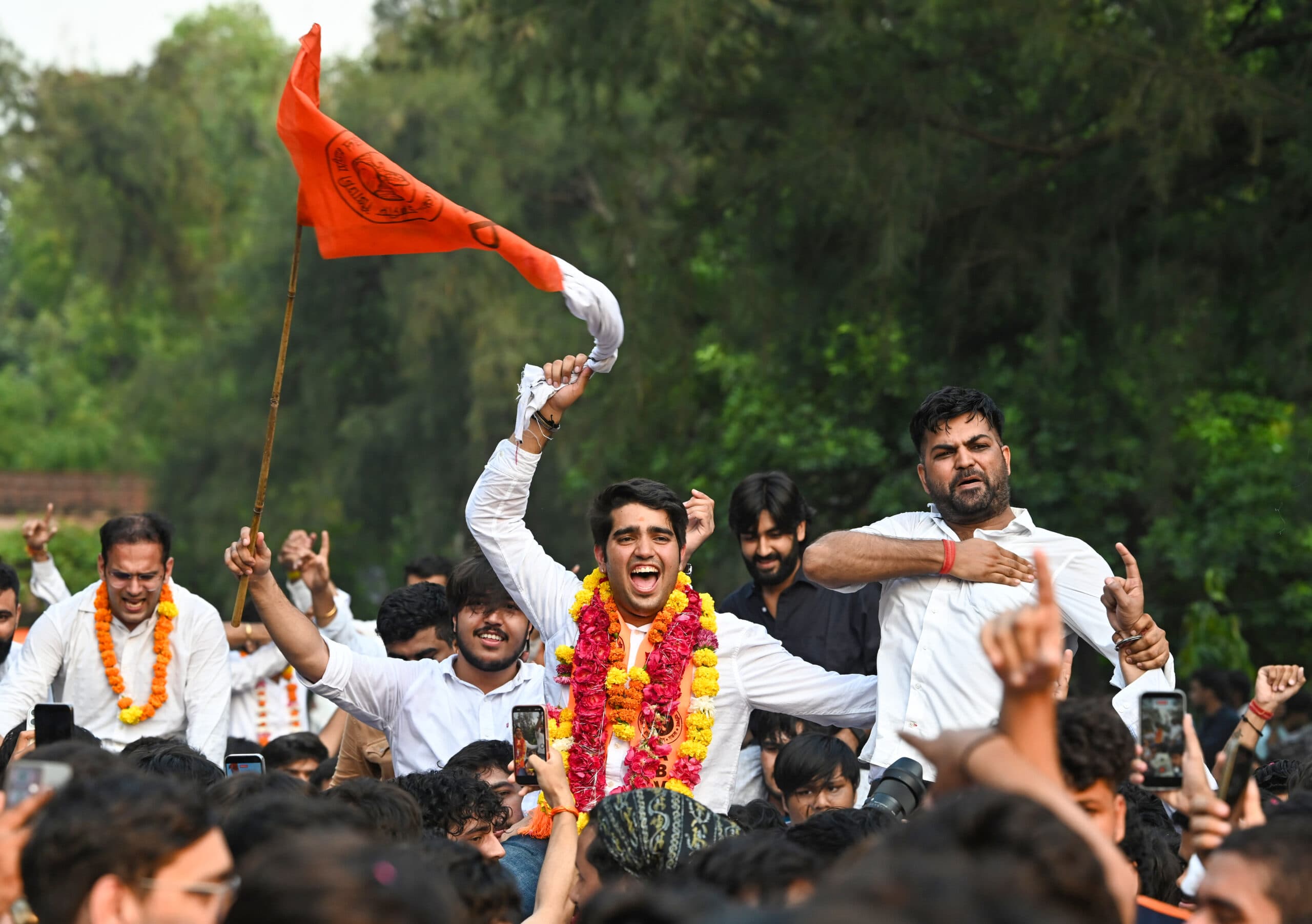New Delhi: ABVP candidate Yash Dabas celebrates with supporters after winning the President post in the Delhi University Students’ Union (DUSU) elections 2026 in New Delhi on Saturday, September 19, 2026. (Photo: IANS/Deepak Kumar)