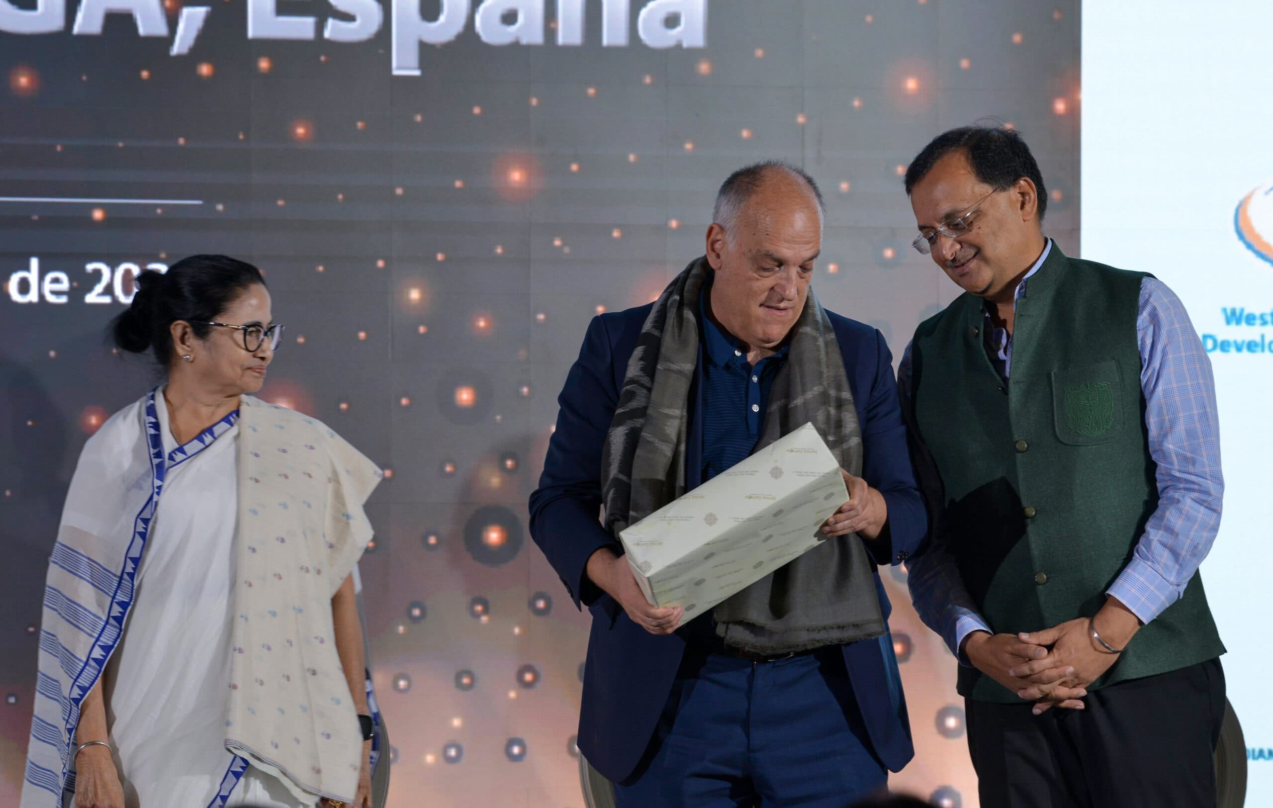 Madrid: West Bengal Chief Minister Mamata Banerjee with La Liga President Javier Tebas and others during the siging of an MoU between West Bengal Government and La Liga at a programme organised as part of the Bengal Global Business Summit, in Madrid on Thursday, September 14, 2023. (Photo: IANS/@AITCofficial)