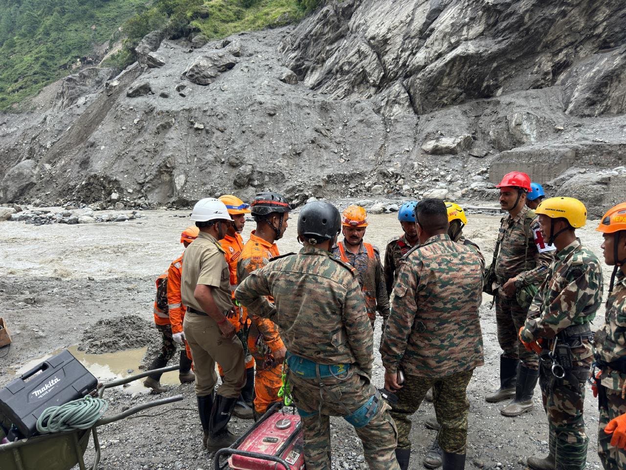 Rasuwa: Border Roads Organisation (BRO) personnel, along with the Indian Army and NDRF, assist ongoing rescue and road connectivity efforts at the Chillime Hydropower Plant, where personnel remain trapped in the aftermath of flash floods in Rasuwa, Nepal, on Sunday, September 6, 2026. The operation is being carried out in coordination with the Nepal Army and local authorities. (Photo: IANS/X/@BROindia)