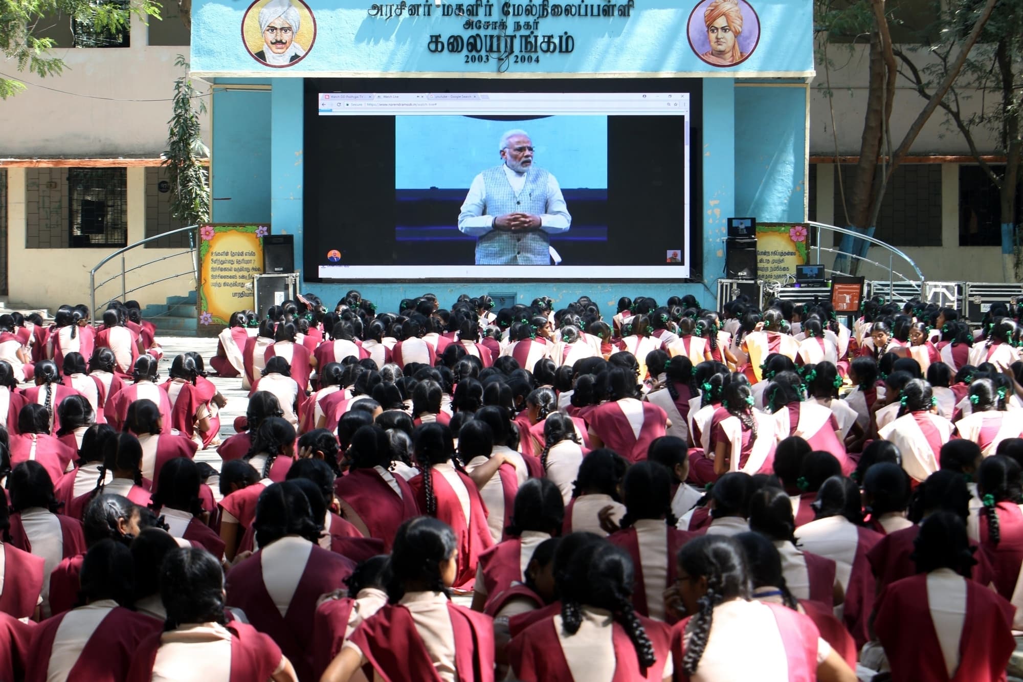 Chennai: School students appearing for board exams listen to Prime Minister Narendra Modi as he speaks on stress free examinations during a live interaction with students from across India, in Chennai on Feb 16, 2018. (Photo: IANS)