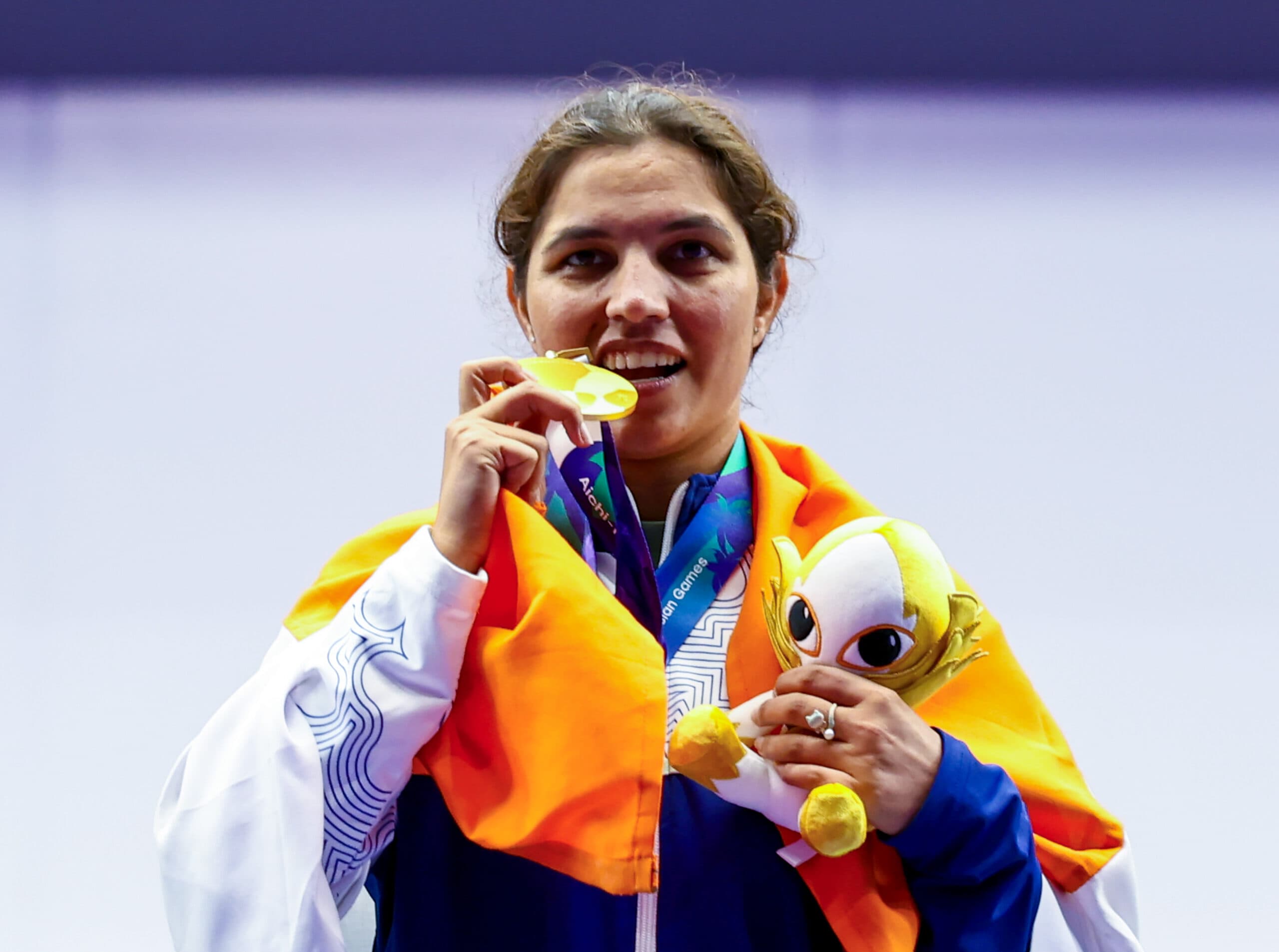Aichi: Gold medallist Neeru Dhanda of India poses for photos during the medal ceremony of the womens trap individual shooting event at the Asian Games 2026 in Aichi, Japan, on Tuesday, September 29, 2026. (Photo: IANS)