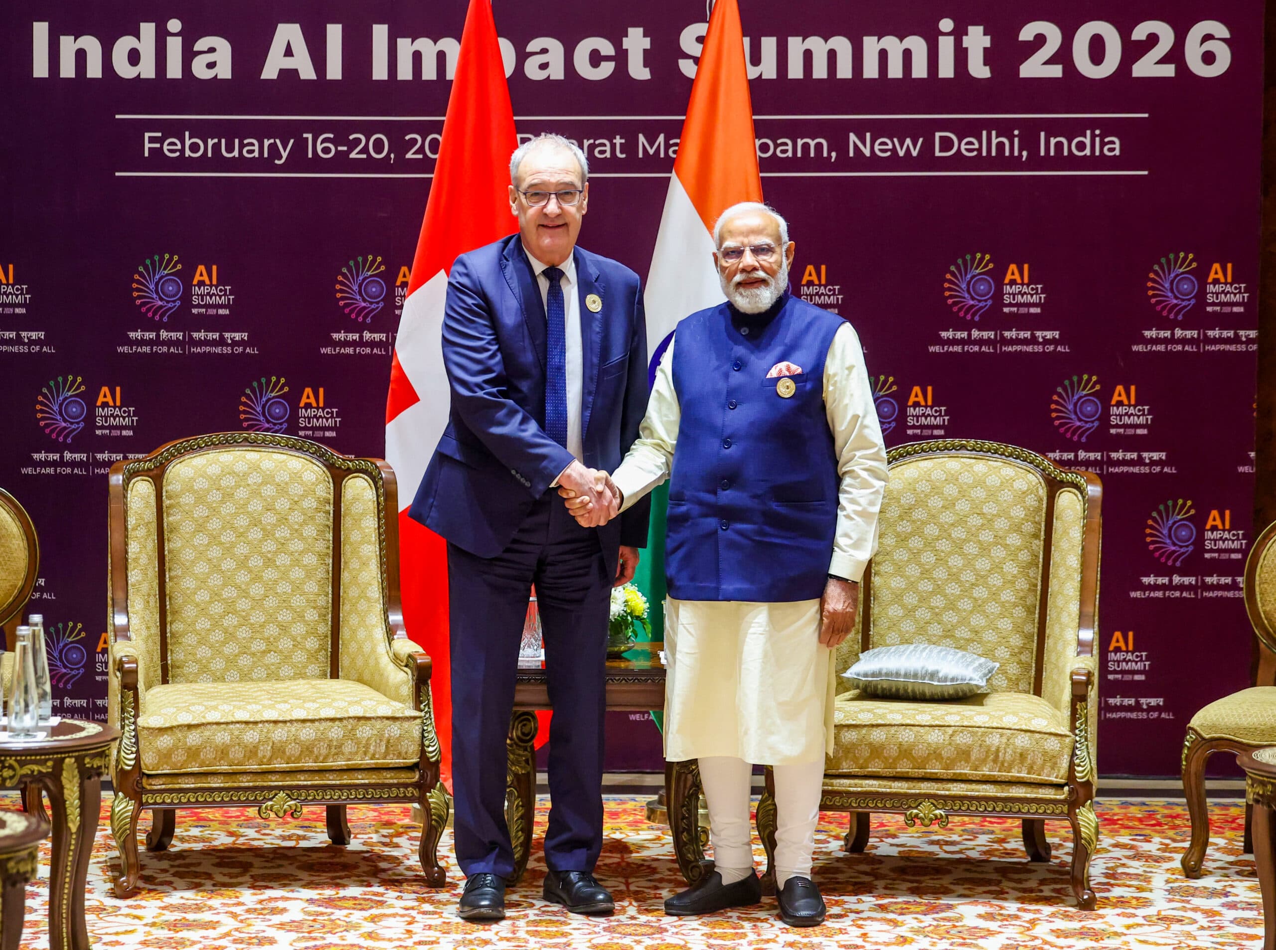 New Delhi: President of the Swiss Confederation Guy Parmelin meets PM Narendra Modi on the sidelines of the India AI Impact Summit at Bharat Mandapam, in New Delhi on Thursday, February 19, 2026. (Photo: IANS/PMO)