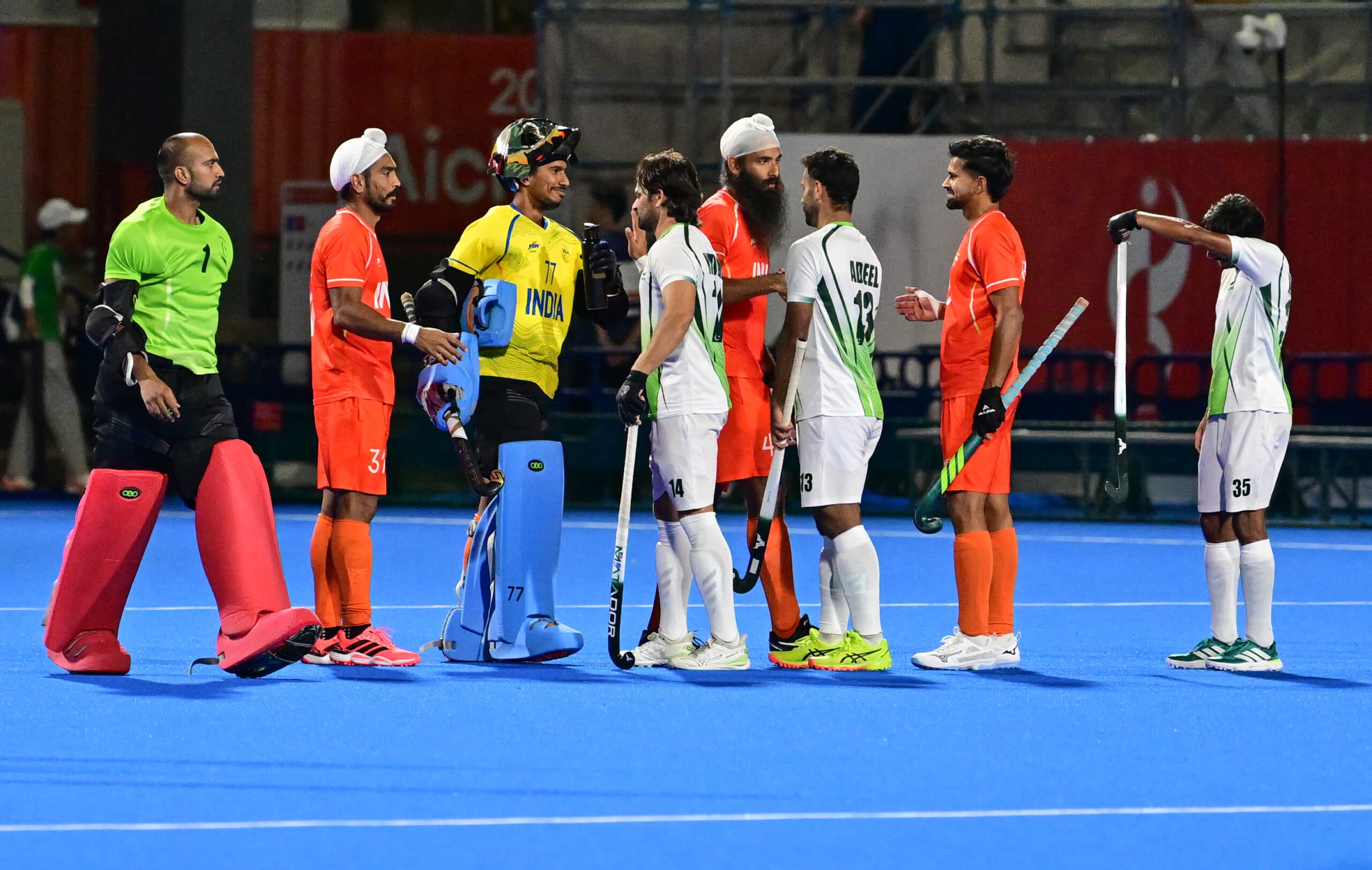 Kakamigahara: Players of India and Pakistan exchange greetings after India won the men's hockey semifinal match against Pakistan at the Asian Games 2026 at Gifu Prefectural Green Stadium in Kakamigahara, Japan, on Thursday, October 01, 2026. (Photo: IANS/Biplab Banerjee)