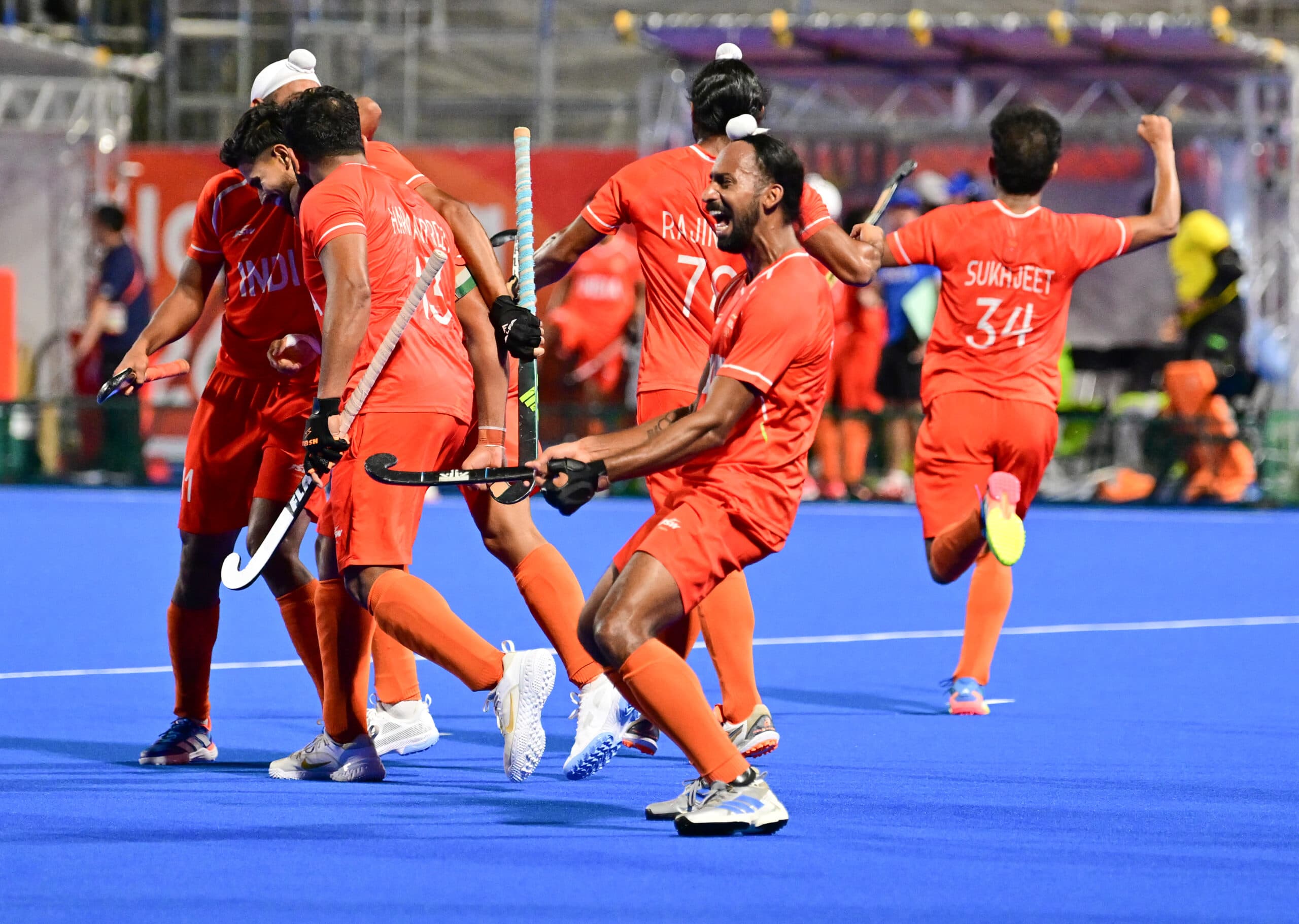 Kakamigahara: Indian players celebrate after defeating Pakistan 4-3 in the men's hockey semifinal at the Asian Games 2026 at Gifu Prefectural Green Stadium in Kakamigahara, Japan, on Thursday, October 1, 2026. (Photo: IANS/Biplab Banerjee)
