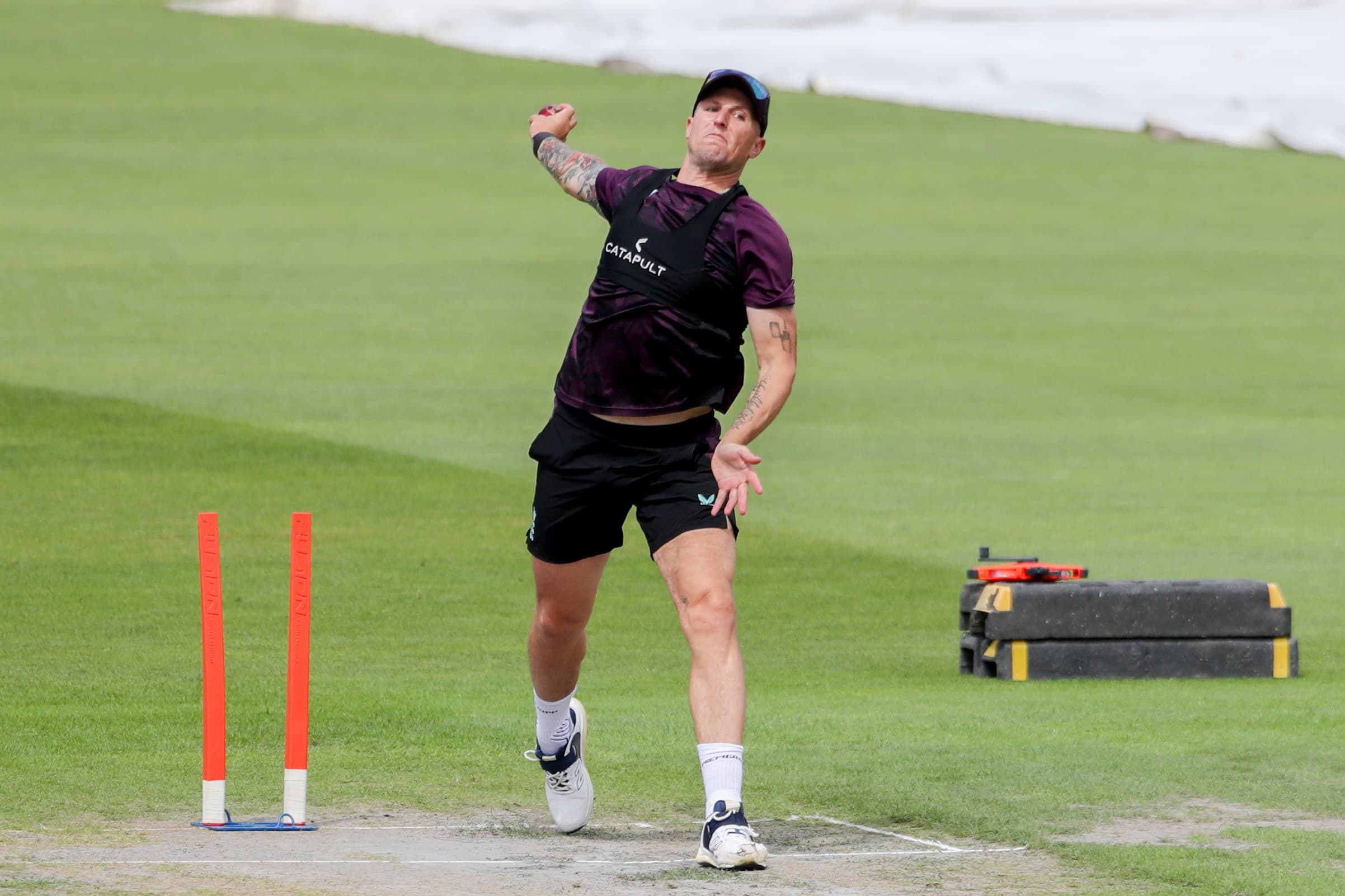 Manchester: England's Brydon Carse bowls during a practice session ahead of the 4th Test match between India and England, in Manchester on Monday, July 21, 2025. (Photo: IANS)
