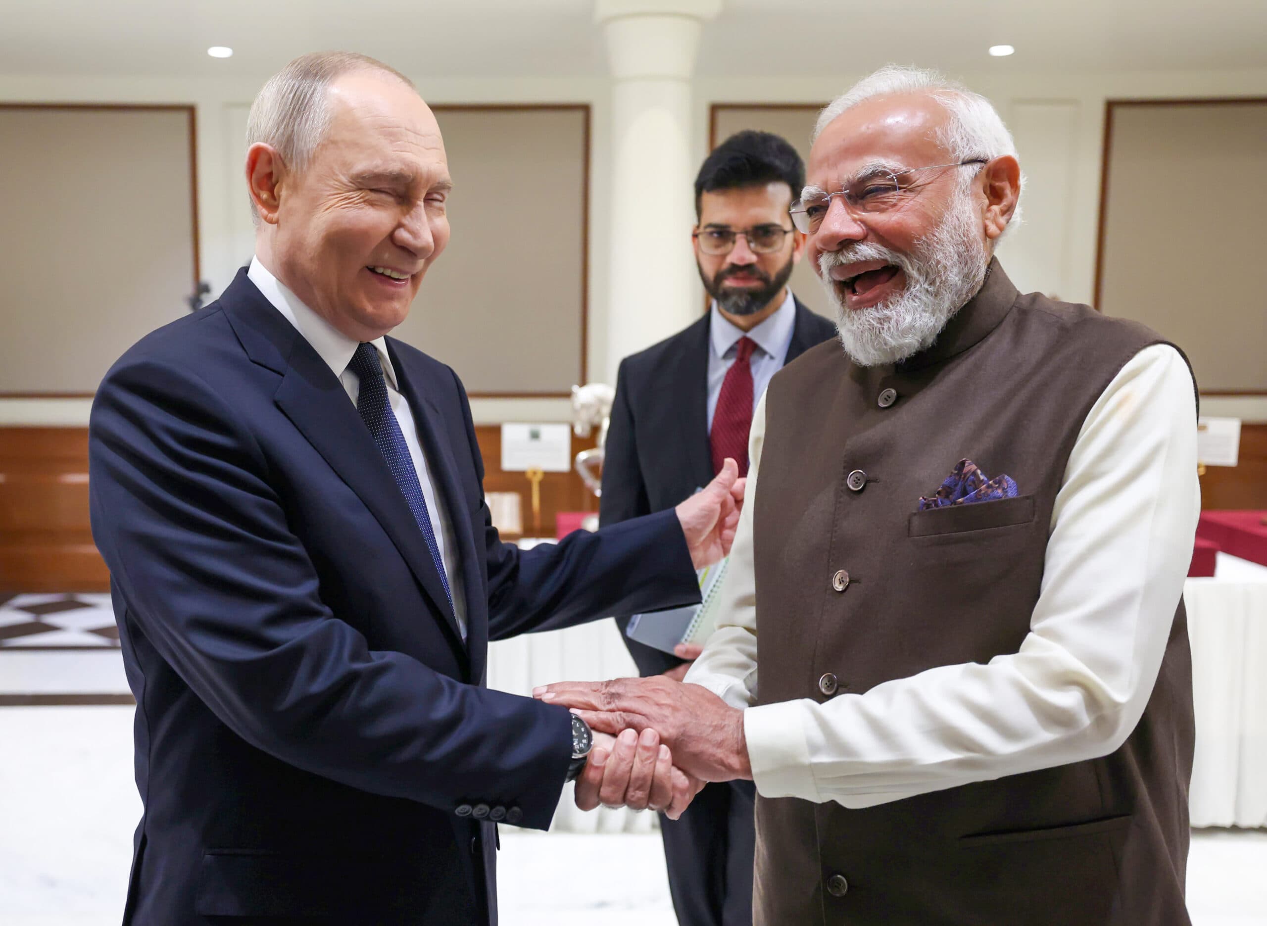 New Delhi: Prime Minister Narendra Modi welcomes Russian President Vladimir Putin upon his arrival at 7 LKM, the official residence of the Prime Minister, in New Delhi on Thursday, December 4, 2025. (Photo: IANS/PMO)