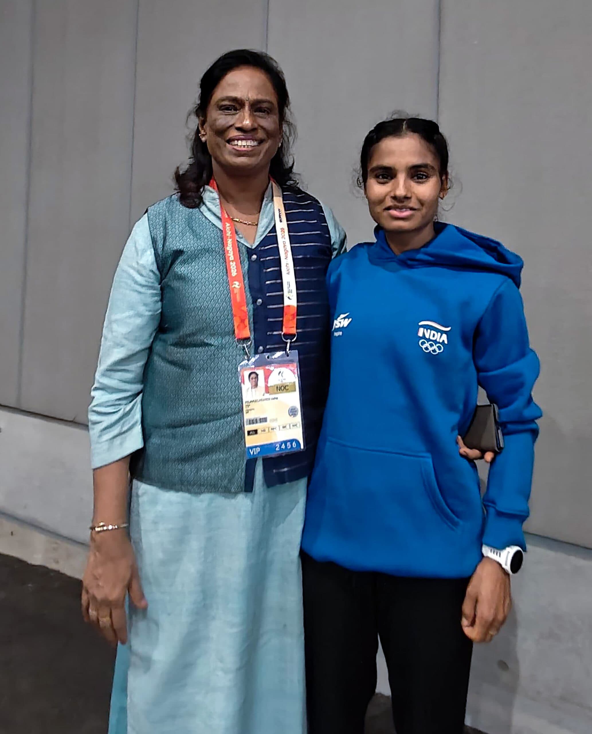Nagoya: Indian Olympic Association President P.T. Usha meets athlete Seema Kumari and congratulates her on winning the bronze medal in the women's 10,000m event at the Asian Games 2026, in Nagoya, Japan, on Thursday, September 24, 2026. (Photo: IANS/X/@PTUshaOfficial)