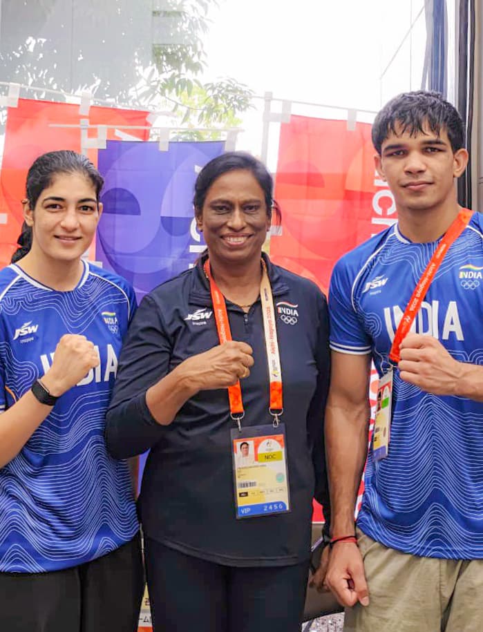 Nagoya: Indian Olympic Association president P.T. Usha meets boxers Parveen Hooda and Ankush Panghal after they stormed into the finals at the 20th Asian Games Aichi-Nagoya 2026, in Nagoya, Japan on Tuesday, September 29, 2026. (Photo: IANS/X/@PTUshaOfficial)