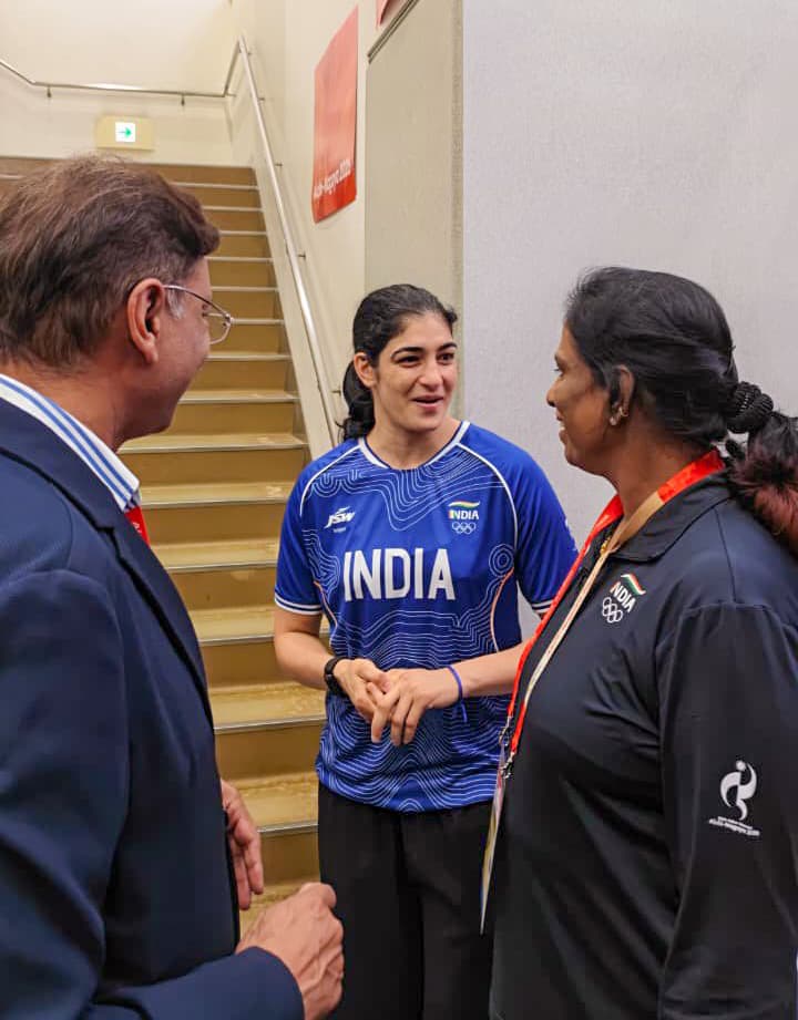 Nagoya: Indian Olympic Association president P.T. Usha meets boxers Parveen Hooda and Ankush Panghal after they stormed into the finals at the 20th Asian Games Aichi-Nagoya 2026, in Nagoya, Japan on Tuesday, September 29, 2026. (Photo: IANS/X/@PTUshaOfficial)