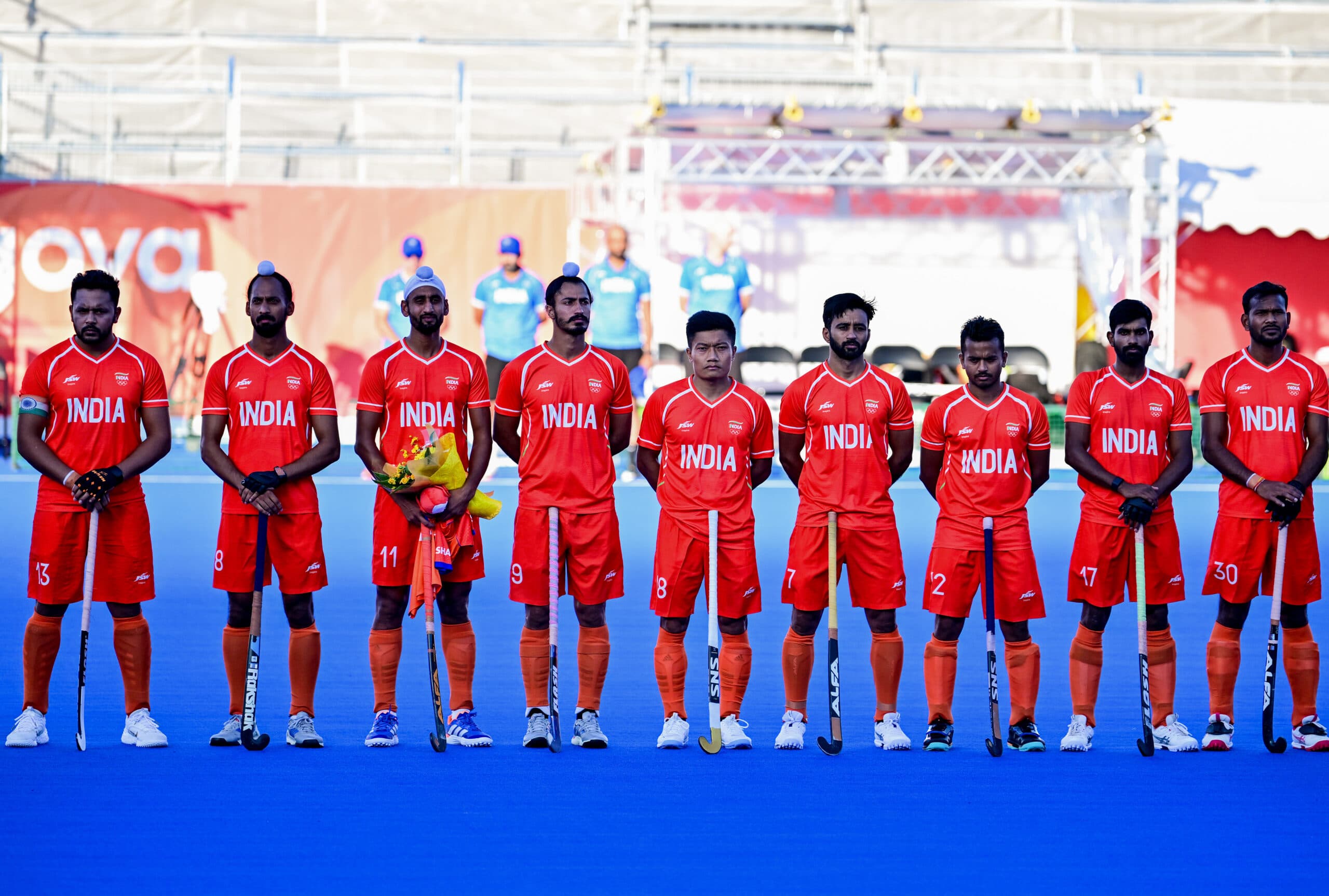 Kakamigahara: Indian players stand for the national anthem at the start of the men's hockey semifinal match against Pakistan at the Asian Games 2026 at Gifu Prefectural Green Stadium in Kakamigahara, Japan, on Thursday, October 01, 2026. (Photo: IANS/Biplab Banerjee)