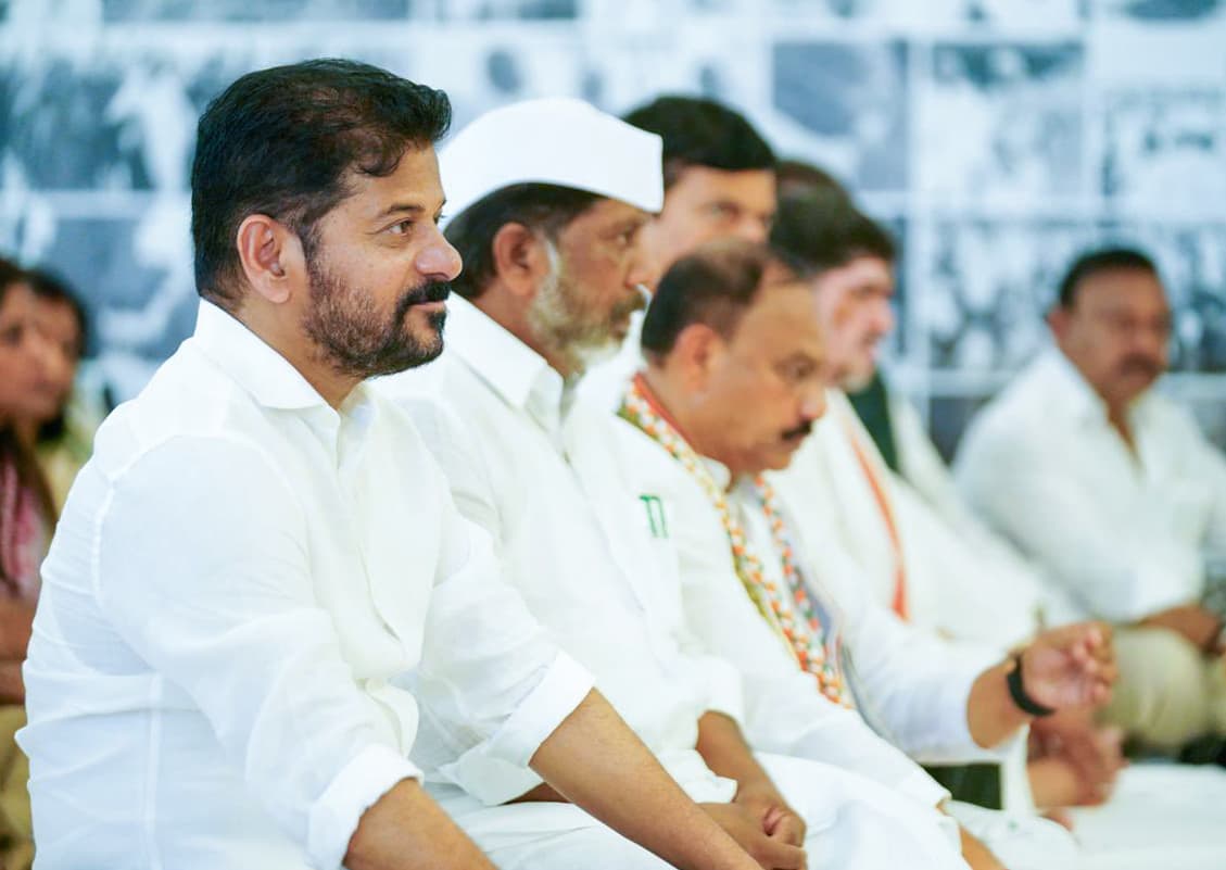 Hyderabad: Telangana Chief Minister A. Revanth Reddy during the tribute-paying ceremony for Mahatma Gandhi on his birth anniversary at Bapu Ghat in Langer House, Hyderabad, Friday, October 2, 2026. (Photo: IANSX/@revanth_anumula)