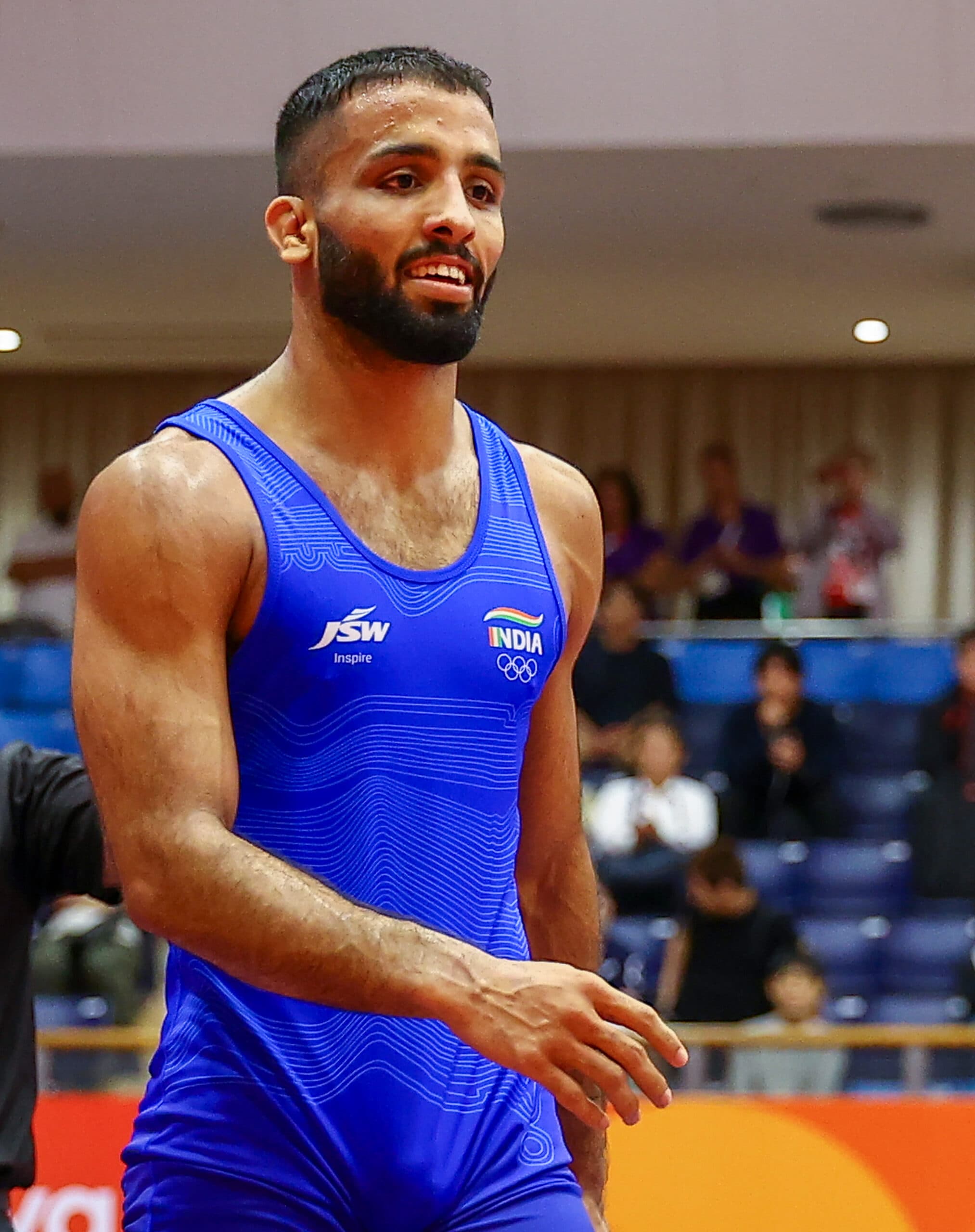 Nagoya: India's Sujeet Kalkal celebrates after defeating Japan's Kotaro Kiyooka in the men's freestyle 65kg semi-final at the 20th Asian Games Aichi-Nagoya 2026, in Nagoya, Japan, on Friday, October 2, 2026. (Photo: IANS/Biplab Banerjee)