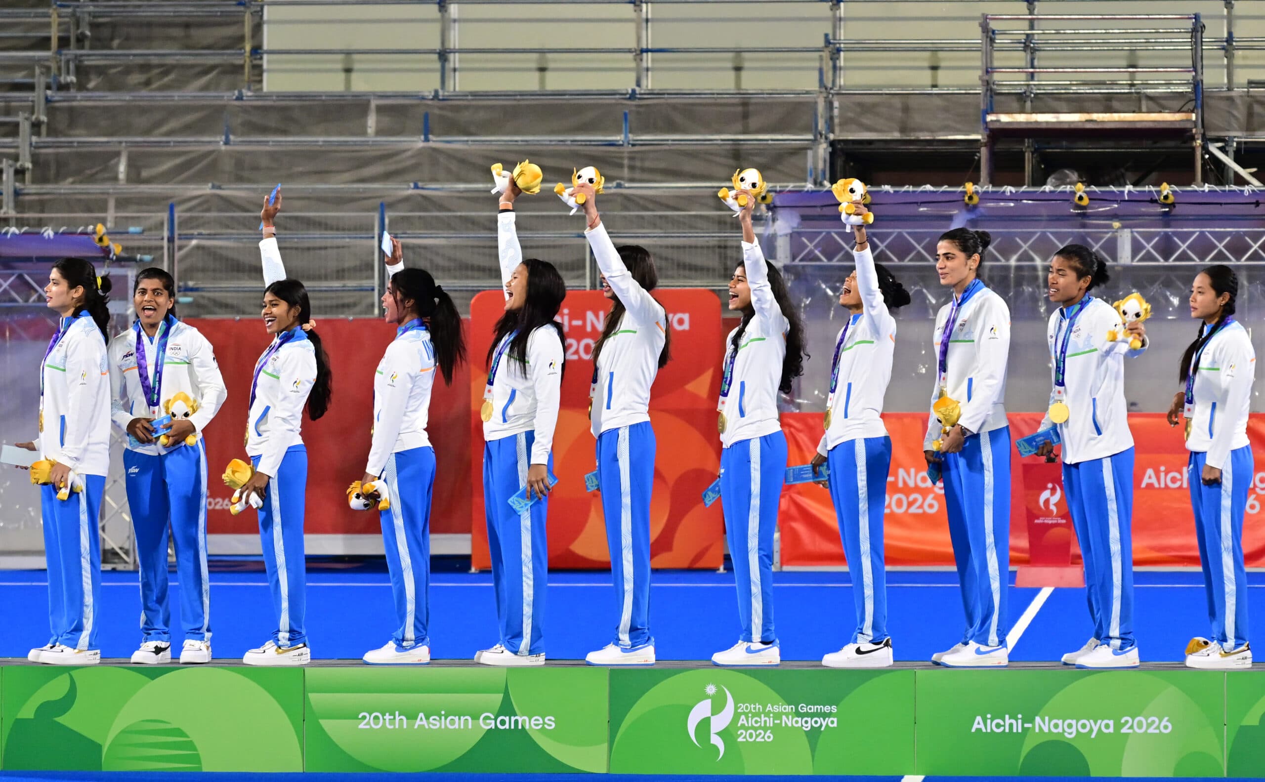 Kakamigahara: Gold medalists India during the medal ceremony after winning the women's hockey finals at the Asian Games in Gifu, Japan, Friday, Oct. 2, 2026. (Photo: IANS/Biplab Banerjee)