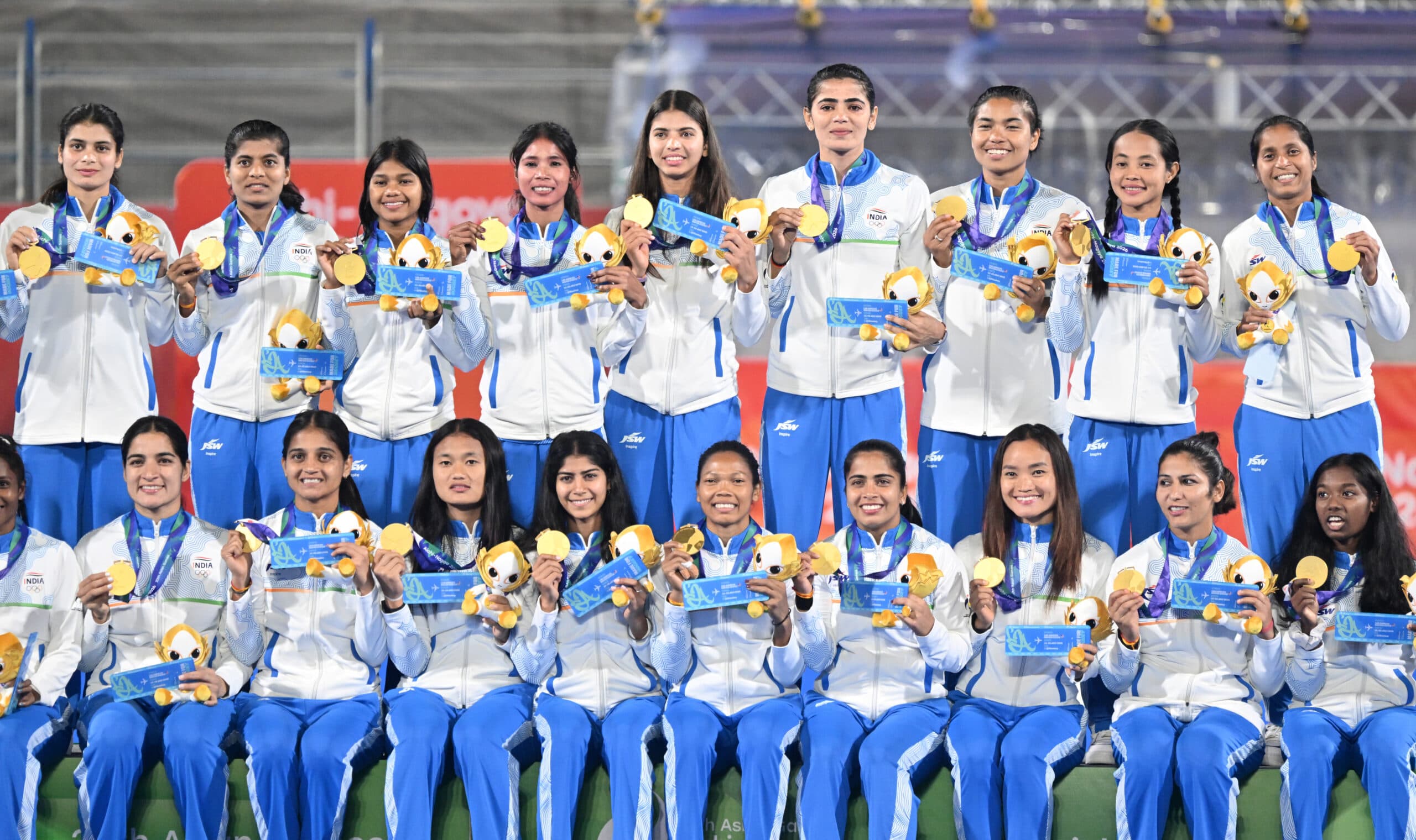 Kakamigahara: Gold medalists India pose for photographs during the medal ceremony after the women's hockey finals at the Asian Games in Gifu, Japan, Friday, Oct. 2, 2026. (Photo: IANS/Biplab Banerjee)