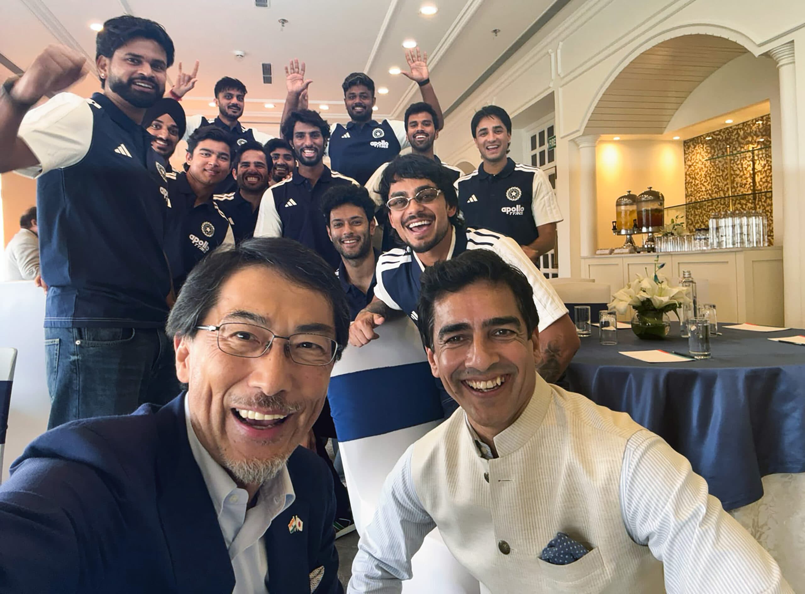 New Delhi: Japanese Ambassador to India Ono Keiichi clicks a selfie with BCCI President Mithun Manhas and Indian cricketers during a meeting ahead of the one-off T20I match between India and Japan in New Delhi on Wednesday, September 16, 2026.  (Photo: IANS/X/@JapanAmbIndia)