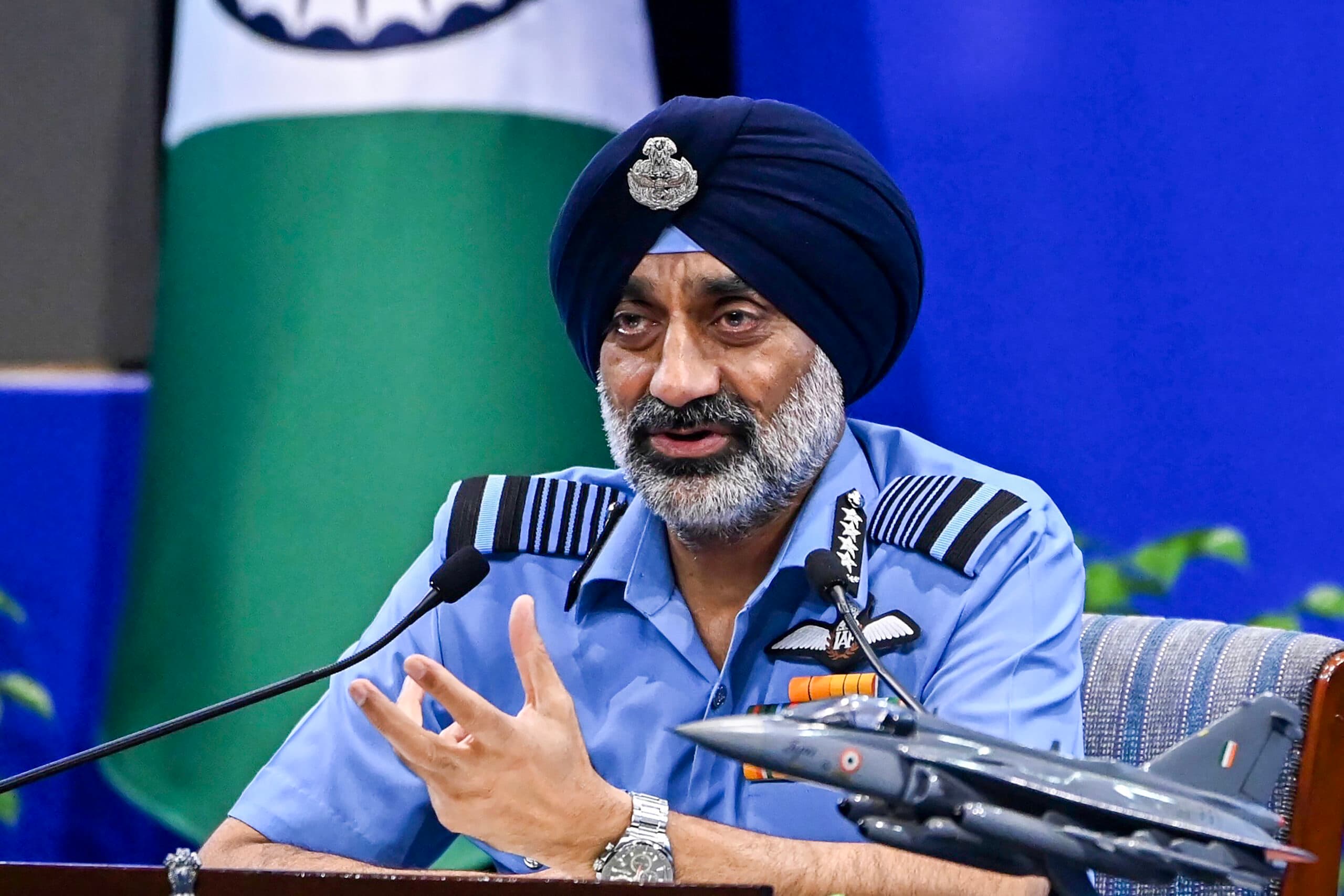 New Delhi: Chief of the Air Staff Air Chief Marshal Amar Preet Singh during a press conference at the Air Force Auditorium in New Delhi on Saturday, October 3, 2026. (Photo: IANS/Deepak Kumar)