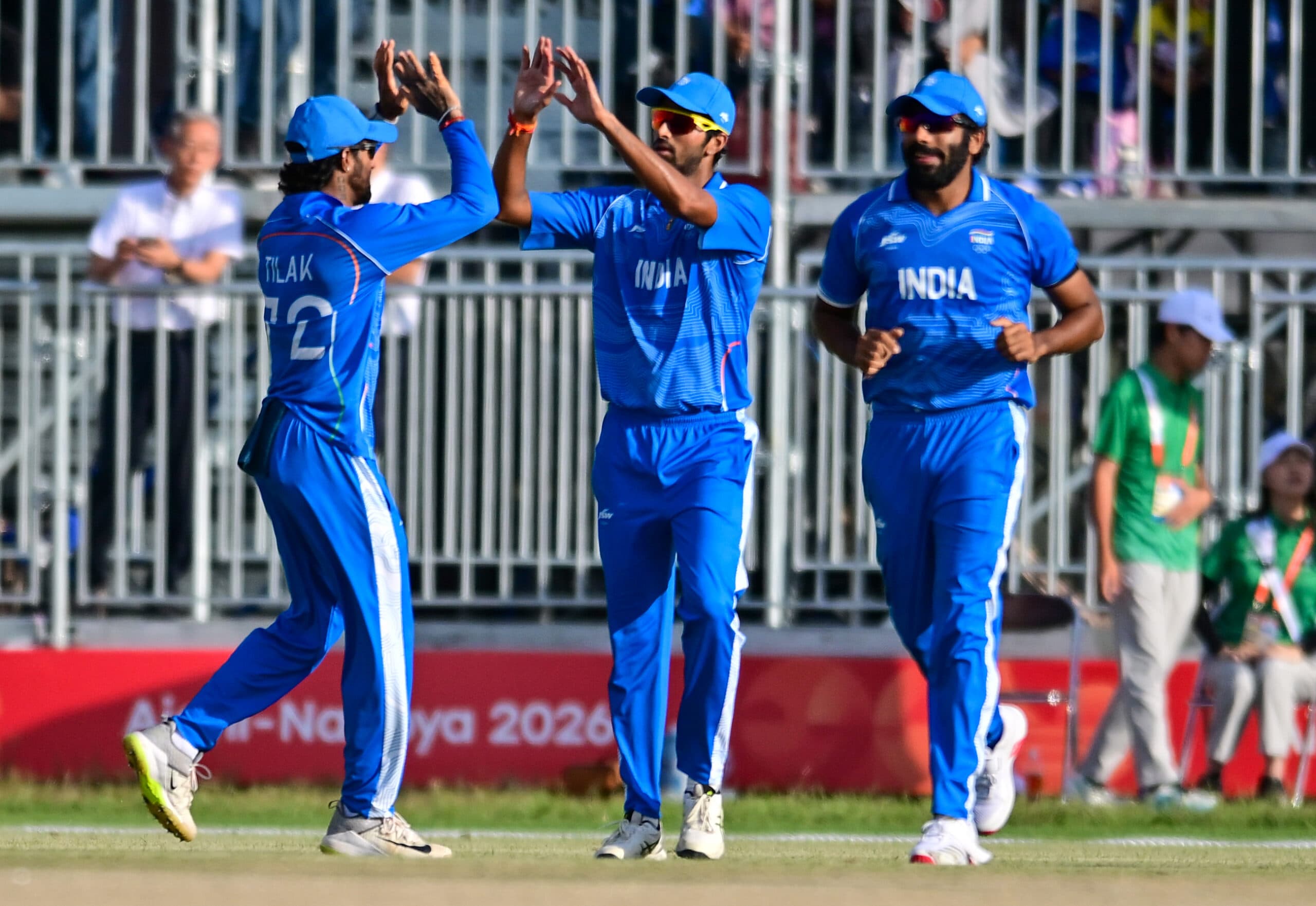 Nisshin: India's Washington Sundar celebrates with teammates after taking the catch of Pakistan's Maaz Sadaqat during the men’s cricket gold-medal match between India and Pakistan at the Asian Games 2026 at Korogi Sports Park in Nisshin, Japan, on Saturday, October 03, 2026. (Photo: IANS/Biplab Banerjee)