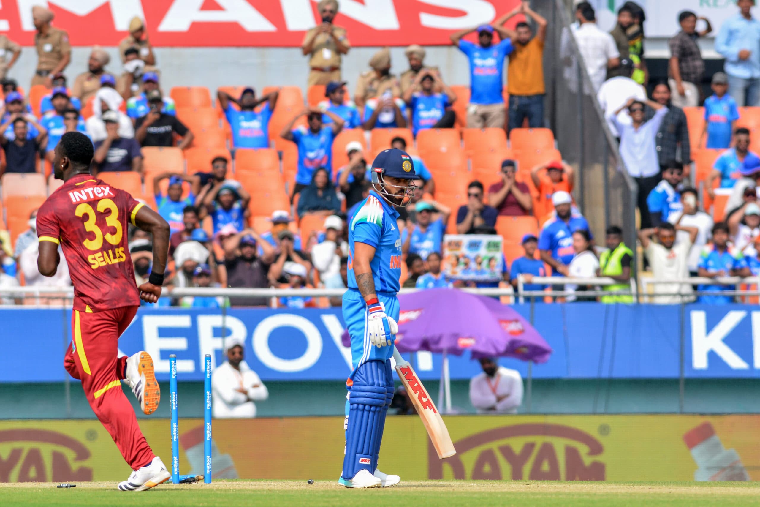 New Chandigarh: India's Virat Kohli reacts after his dismissal during the third ODI cricket match between India and West Indies at Maharaja Yadavindra Singh PCA Stadium, in New Chandigarh,  Saturday, October 03, 2026. (Photo: IANS)