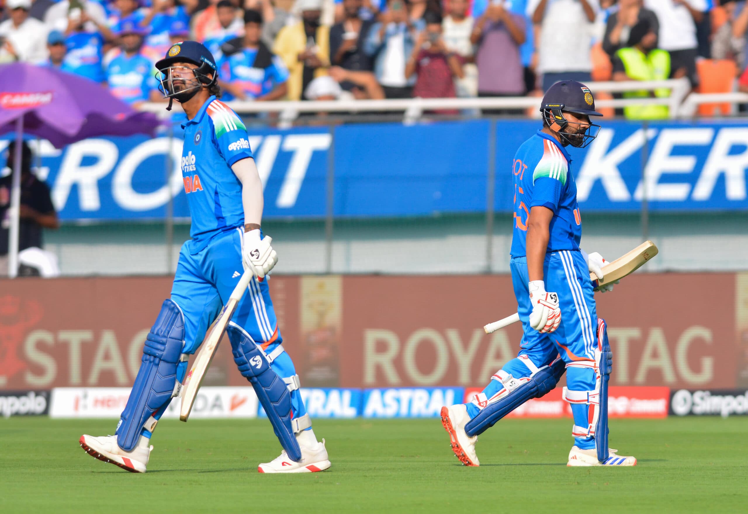 New Chandigarh: India's KL Rahul walks in as Rohit Sharma walks off the field during the third ODI cricket match between India and West Indies at Maharaja Yadavindra Singh PCA Stadium, in New Chandigarh, Saturday, October 03, 2026. (Photo: IANS)