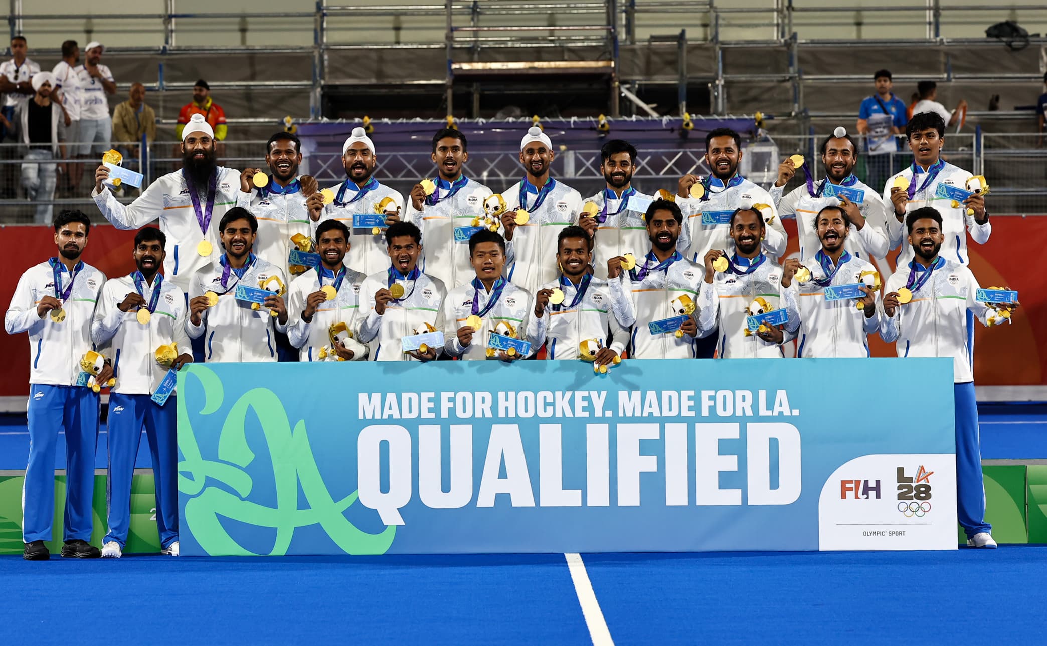 Kakamigahara: Team India pose with the gold medal after winning the men's hockey final against Malaysia at Gifu Prefectural Green Stadium in Kakamigahara, Japan, on Saturday, October 3, 2026. (Photo: IANS)