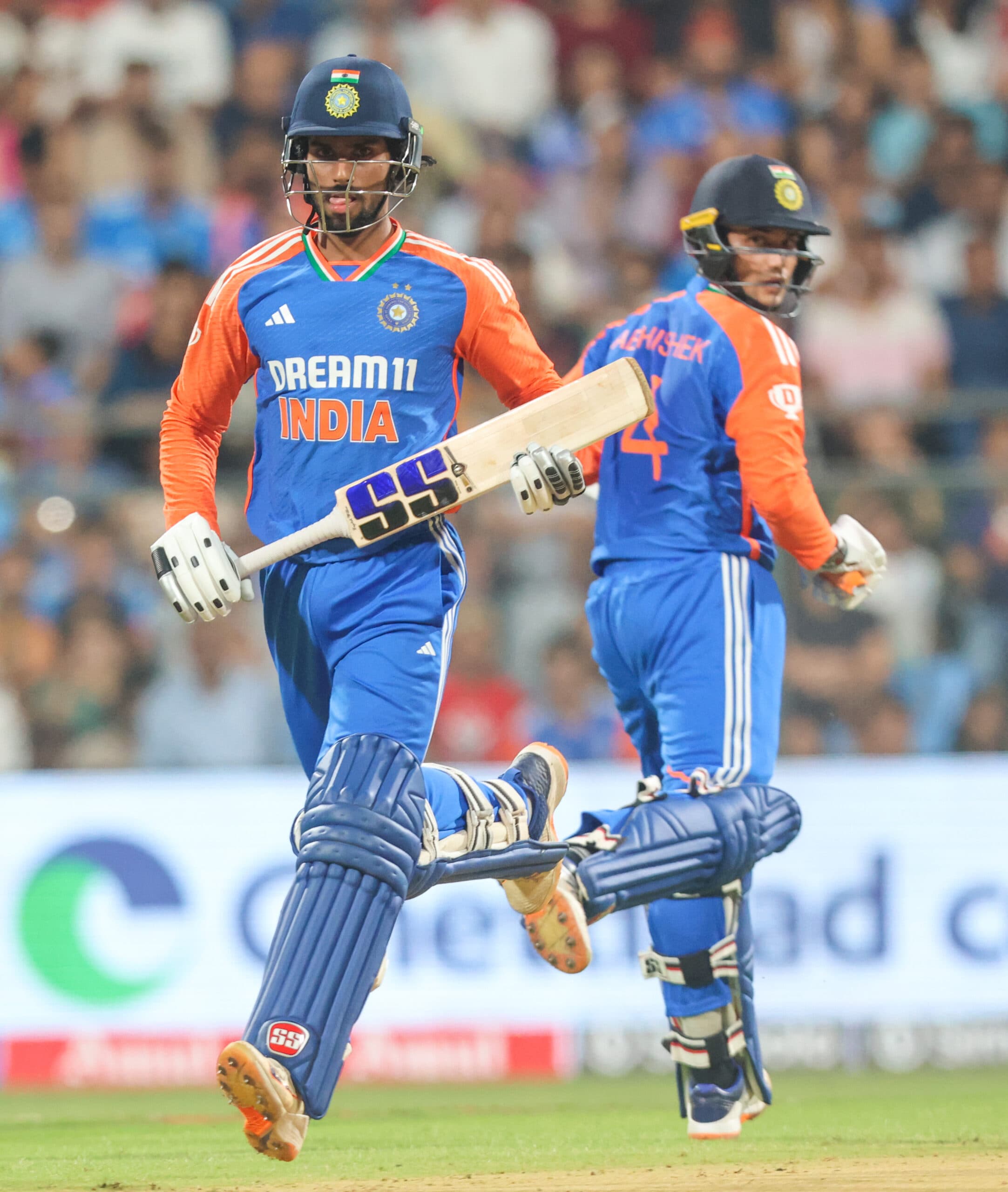 Mumbai: India's Abhishek Sharma and Tilak Varma run between the wickets during the 5th T20 match between India and England at Wankhede Stadium in Mumbai on Sunday, February 2, 2025. (Photo: IANS/Raj Kumar)