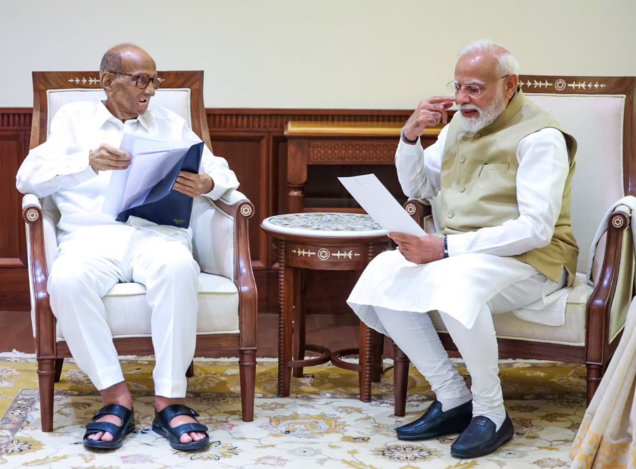 New Delhi: NCP-SP chief Sharad Pawar meets Prime Minister Narendra Modi in the Parliament House complex during the Monsoon Session of Parliament, in New Delhi on Wednesday, July 22, 2026. (Photo: IANS)