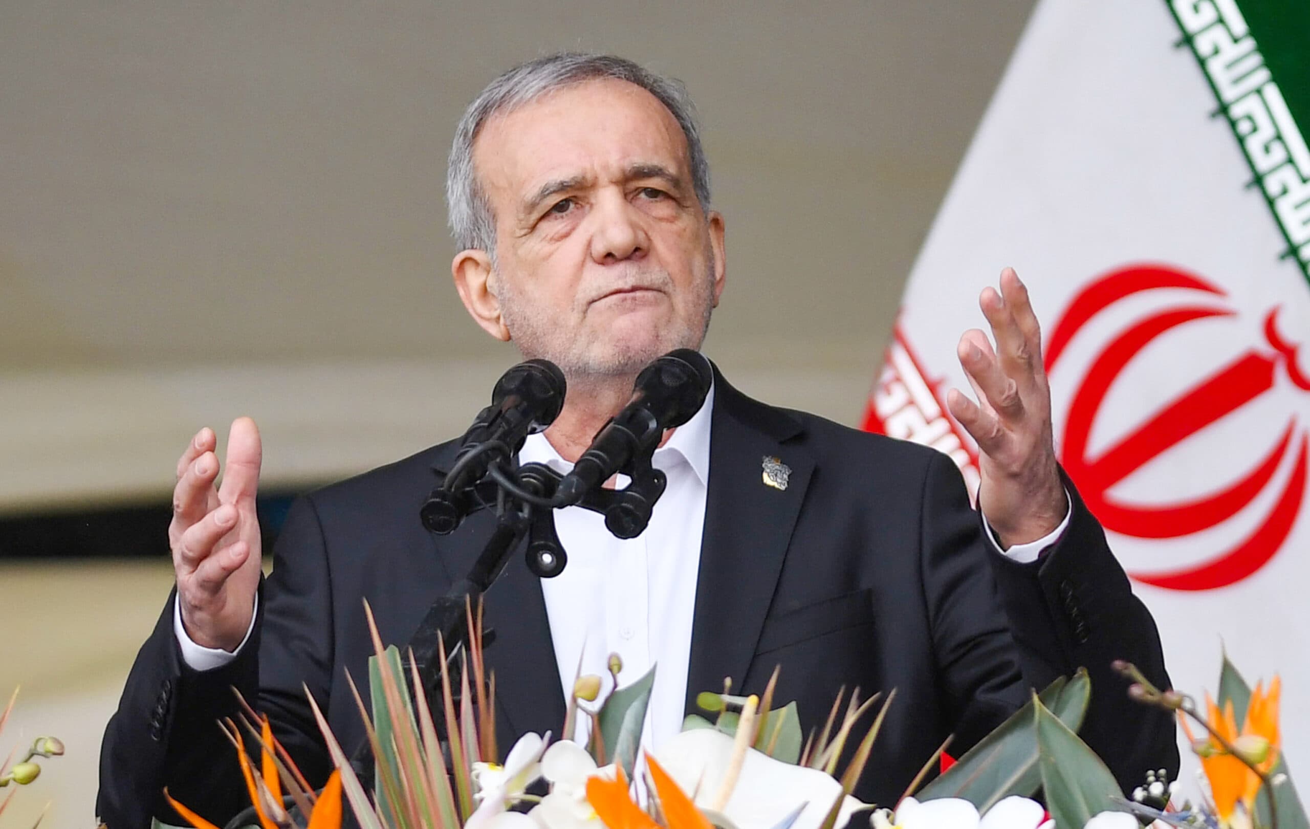 This file photo shows Iranian President Masoud Pezeshkian delivering a speech in Tehran, Iran, Feb. 11, 2026. Iranian President Masoud Pezeshkian, head of judiciary, and one jurist of the Guardian Council to temporarily assume duties of leadership in Iran after Supreme Leader Khamenei's death. (Xinhua via IANS)